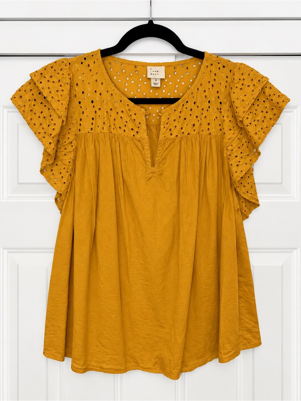 a new day Mustard Eyelet Ruffle Sleeve Tunic Top
